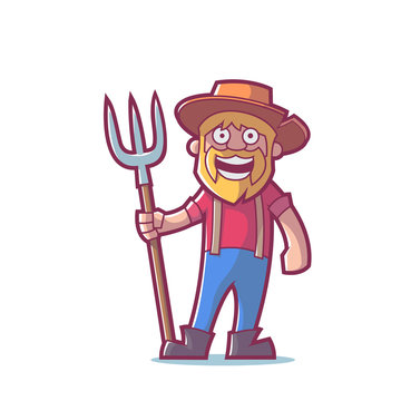 Farmer with a pitchfork. Cartoon character. Vector illustration, eps 10.