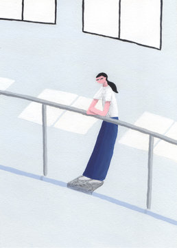 二階から物思いに耽る女性