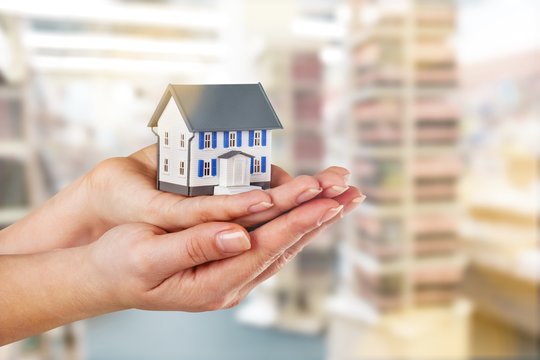 Hand of young woman holding little house model