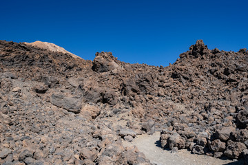 Views of Teide's crater and Montana Blanco descending from the summit passing Altavista Refuge,...