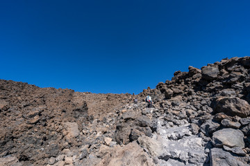 Views of Teide's crater and Montana Blanco descending from the summit passing Altavista Refuge,...