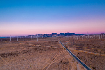 wind turbines in field at sunset