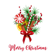 Holiday's decor. Realistic Christmas bouquet Tree Branches and holly berry, cone, ribbon, star anise, cinnamon, orange