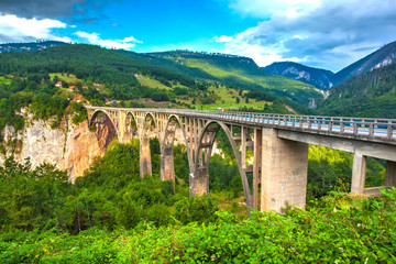 Fototapeta na wymiar Beautiful stone bridge with huge arches between rocky mountains with lush green forest over the deep canyon of the river. Djurdjevica Tara Bridge, Durmitor National Park, Montenegro.