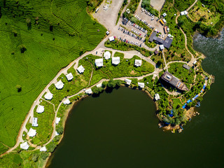 Aerial View of a Pinisi Boat Shaped Restaurant Building in the Edge of a Cape of Lake Patenggang, Ciwidey, Bandung, West Java, Indonesia, Asia