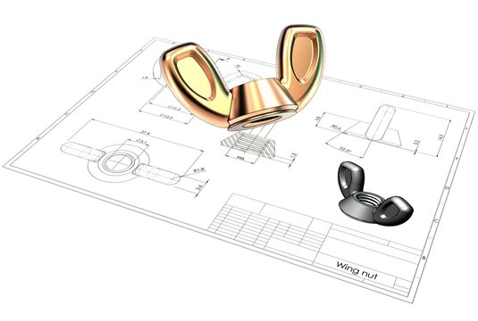 3d illustration of wing nut above engineering drawing