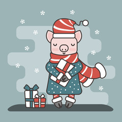 Vector flat style illustration. Symbol of 2019 year: little pig with gift boxes