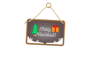 Vector image of a Feliz Navidad message on a hanging sign, with festive images and snow