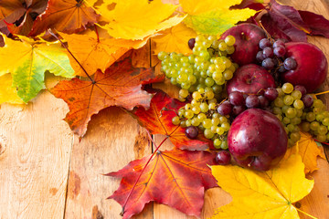 Red Juicy Ripe Apples with Grapes and Autumn Maple Leaves on a Wooden Background