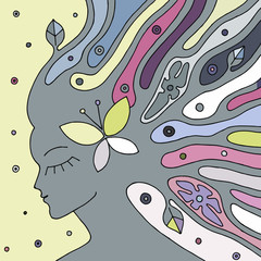 Vector  hand drawn illustration of psychedelic woman face with abstract tree, flowers, leaves, dots, butterfly, background Decorative artistic creative picture, line drawing. Coloring