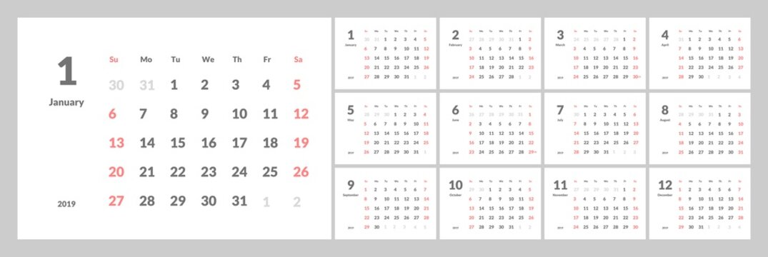 Vector of 2019 new year calendar in clean minimal table simple style. Eps 10