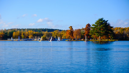 Obraz premium Yachts on a lake with colourful autumn trees