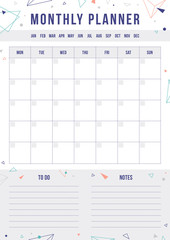 Weekly planner with gold geometric shape. Organiser and schedule with place for notes. Template page for print, office, school. Vector background