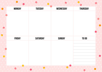 Weekly planner with watercolor dots in minimalism style. Vector layout sheet with hearts on pink background. Template for organizer, notes, print, office and school.