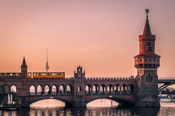 Foto op Plexiglas Oberbaum Bridge in Berlin at Sunset with View on the  Television Tower © J.M. Image Factory