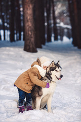 Funny little girl hugging her big Malamute dog in winter in the forest.
