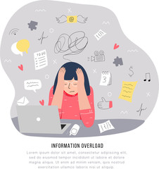Information overload and multitasking problems concept. Flat and handdrawn vector illustration. - 233021519
