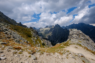 Fototapeta na wymiar rocky hiking trails for tourists in western carpathian Tatra mountains in slovakia