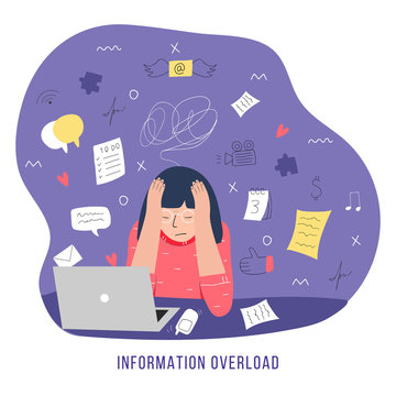 Information overload and multitasking problems concept. Flat and handdrawn vector illustration.