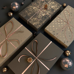 Christmas gifts in black gold colors. Beautiful Christmas boxes with gifts. 3D illustration.