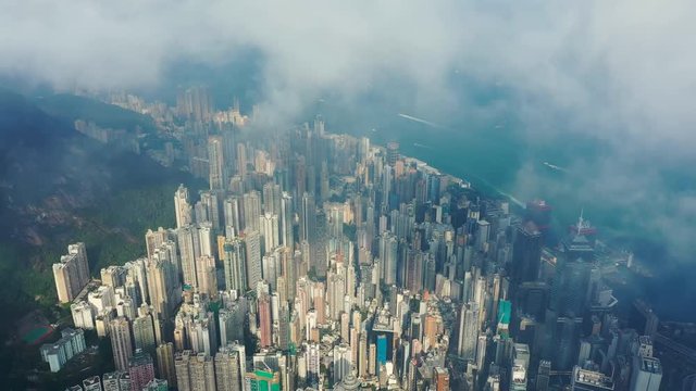 Aerial panoramic view of Hong Kong skyline, modern city with skyscrapers and famous Asian Metropolis - landscape panorama of China from above, Asia 
