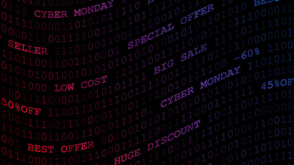 Cyber monday background of zeros, ones and inscriptions in dark red and purple colors
