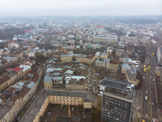 european city in mist weather. birds eye view