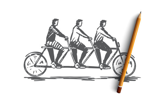 Coordinate, Cooperation, Teamwork, Bike, Tandem Concept. Hand Drawn Isolated Vector.