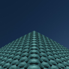 The facade of the building in modern style with night lighting. Concrete honeycomb modern facade. 3D 