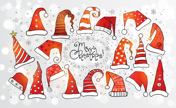 Collection of red christmas hats on white glowing background. Vector illustration.