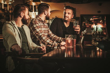 Old friends having fun and drinking draft beer at bar counter in pub.