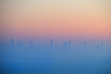 wind turbines on field on foggy morning