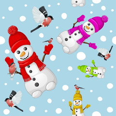 Snowman pattern with bullfinch over snowflakes background