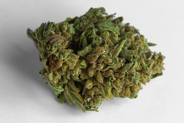 Close up of prescription medical marijuana and recreational weed hybrid strain sticky flower bud isolated on a white background