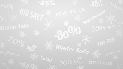 Background on winter discounts and special offers, made of snowflakes and inscriptions, in white and gray colors