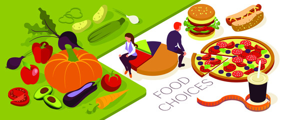 Useful diet choices. Healthy vs junk food. Delicious fruit, vegetables, pizza, burger, cola and hot dog. Man and woman make choice. Vector isometric flat illustration