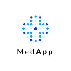 Flat line medicine icon monochrome blue emblem logo, web online concept.Logo of medical cross with dots for hospital, clinic, medicine appointment app
