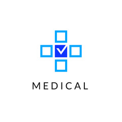 Fototapeta premium Flat line medicine icon monochrome blue emblem logo, web online concept.Logo of medical cross with check boxes for hospital, clinic, medicine appointment app