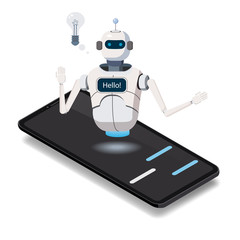 Isometric Science Chat bot, smartphone concept. On line store, shopping, assistent, sale, e-commerce. Artificial Intelligence, Knowledge Expertise Intelligence Learn. Web Page Element Of Website Or