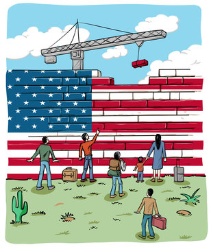  people refugees in front of a Usa wall flag