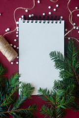 Christmas background with fir tree and decor. Top view with copy space.