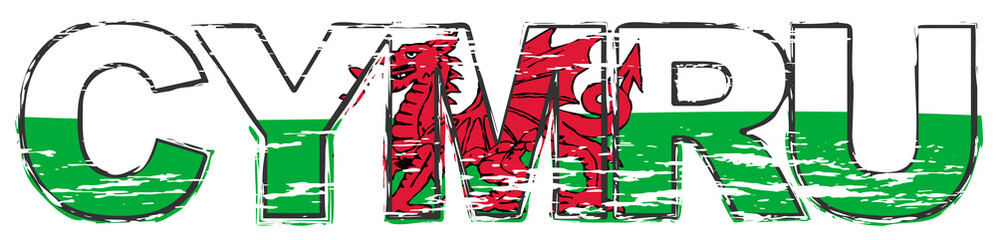 Word CYMRU (Welsh translation of Wales) with national flag under it, distressed grunge look. - obrazy, fototapety, plakaty