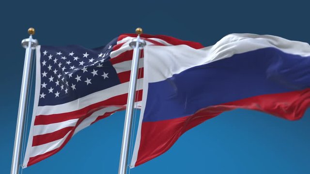 4k Seamless United States of America And Russia Flags with blue sky background,A fully digital rendering,The flag 3D animation loops at 20 seconds,USA RUS.