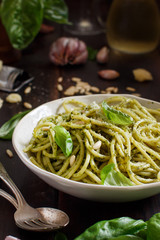 Spaghetti pasta with pesto sauce