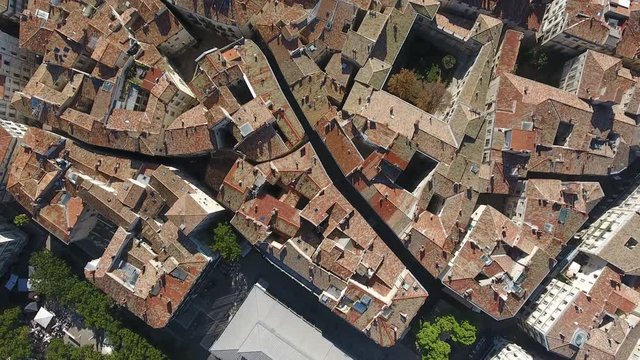 Old mediterranean city rooftop overhead view by drone aerial. Montpellier