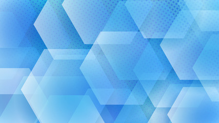 Abstract background of hexagons and halftone dots in light blue colors