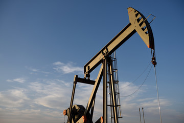 Crude oil production, pump jack, Powder River Basin, copy space