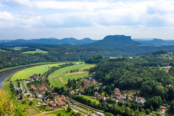 View from old Bastei bridge down on river Elbe in Saxony, Germany