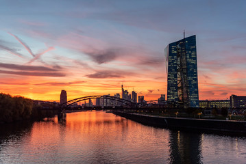 Europäische Zentralbank mit Frankfurter Skyline im Sonnenuntergang