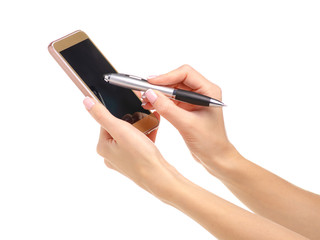 Mobile phone smartphone stylus pen in hand on a white background isolation